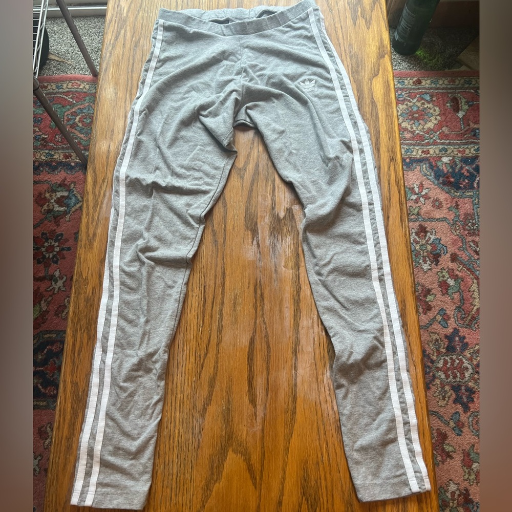Heather grey adidas three stripes leggings, sz small.